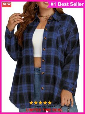 Plus Size Plaid Flannel Button Down Shirt Long Sleeve Oversized Tunic